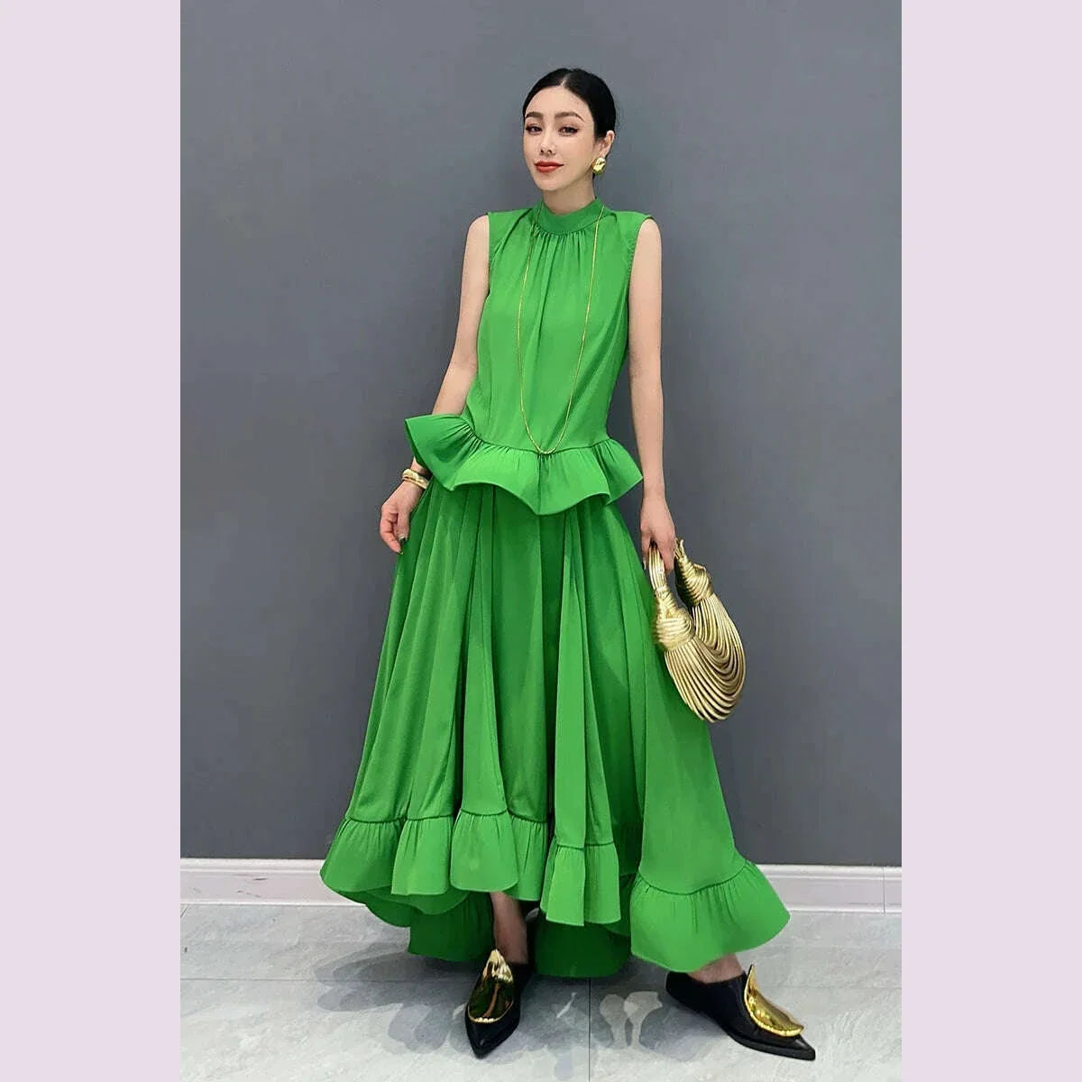 Vefadisa Newest 2025 Summer Green Women Sets Sleeveless Ruffle Edge Top Large hem Long Skirt Two pieces Dress Sets HLX064