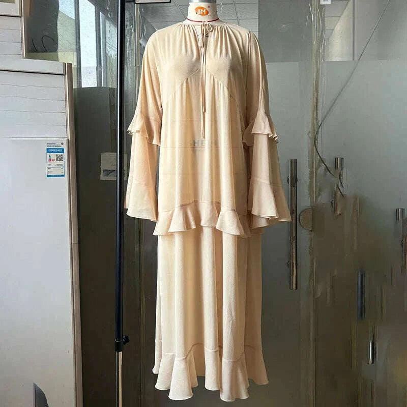 Tornova Chiffon Ruffled Long Dress For Women Flared Sleeves Long Sleeve V-Neck High Waist Dress Female Summer Casual Loose Dress