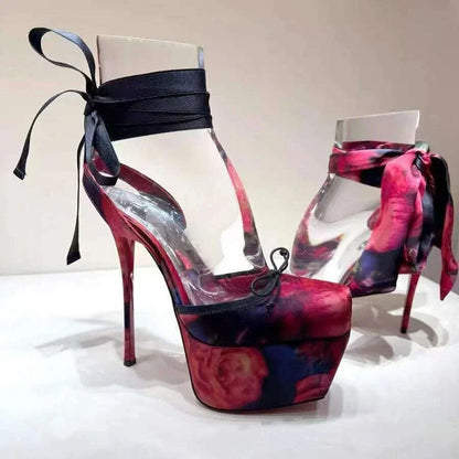 European and American High-heeled Dance Platform Silk Satin Square Bow Sandals  Shoes Women Zapatos Mujer