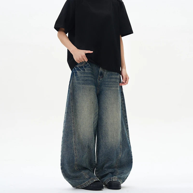 Baggy Wide-leg Jeans Men's Oversized Streetwear Vintage Washing Y2K Denim Pants Spliced Autumn Fashion Loose Man Trousers