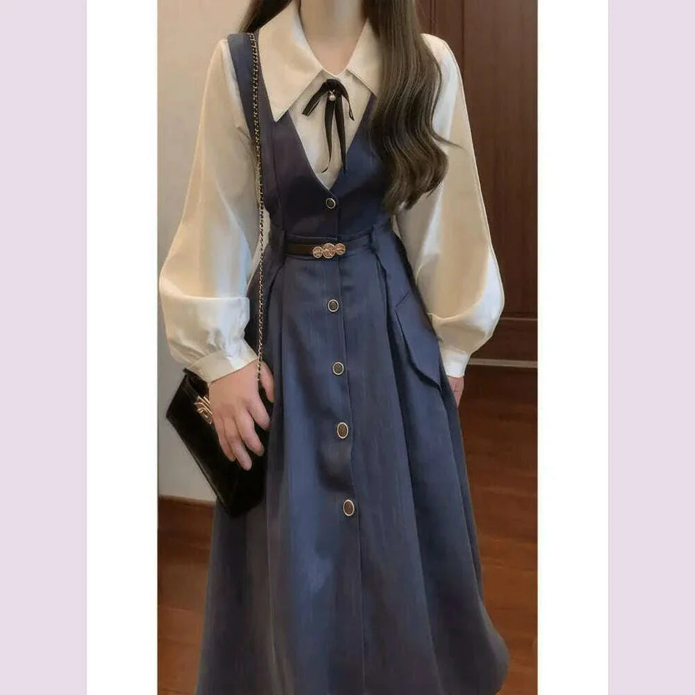 French literature and art retro commuting new vest dress women's spring and autumn college long-sleeved shirt age-reducing waist