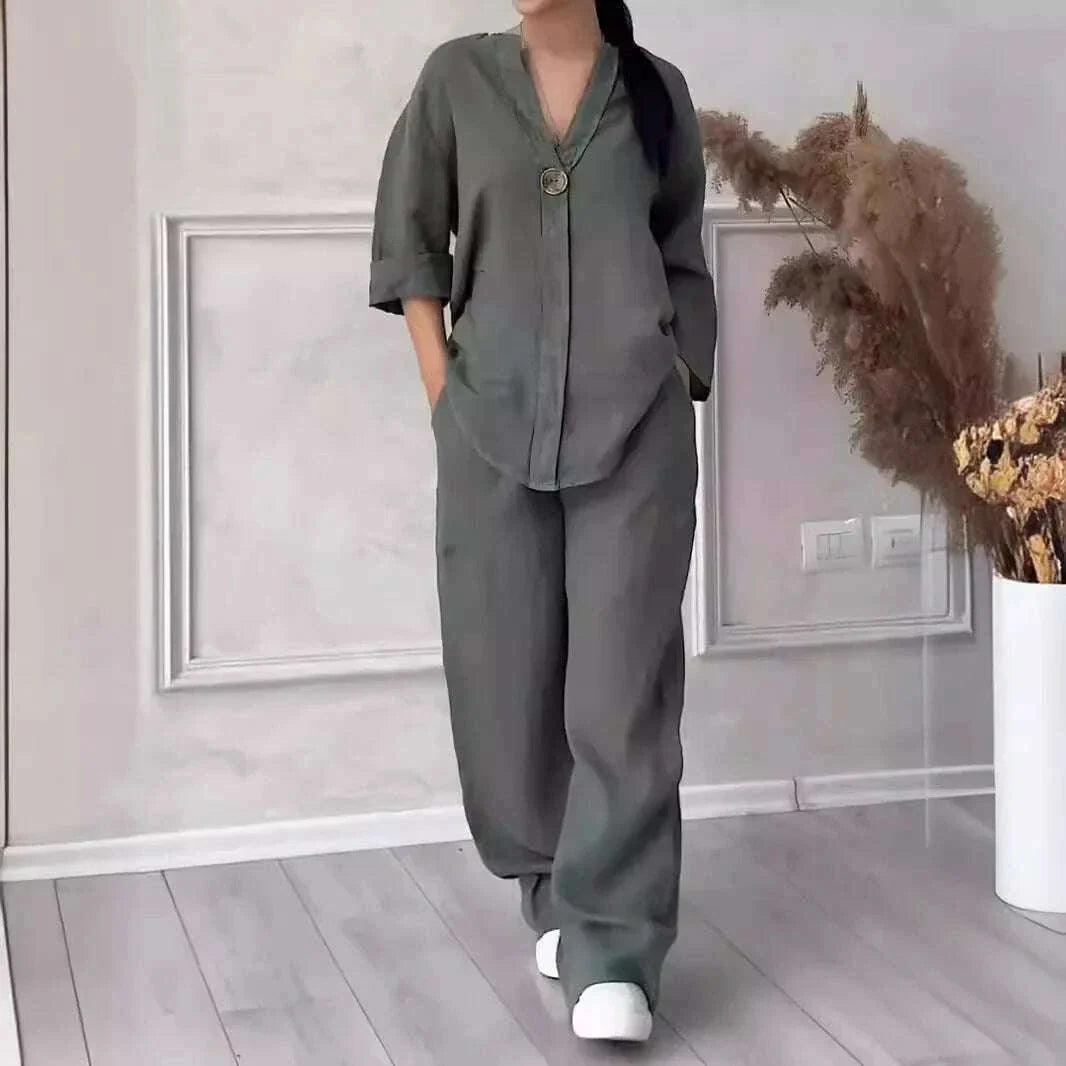 Casual Solid Color Pullover Long Pants 2-piece Set Women's Cotton and Linen Pants Suit White Pink
