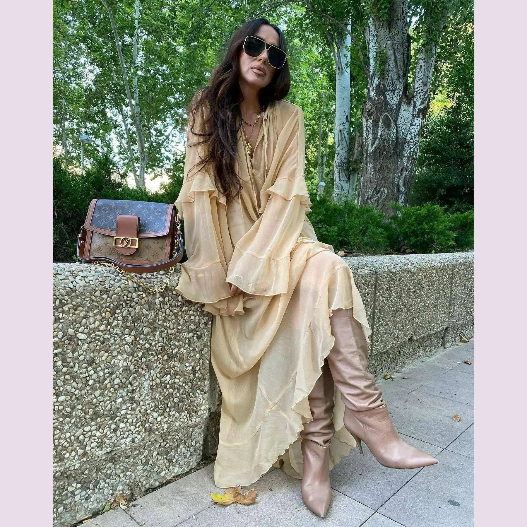 Tornova Chiffon Ruffled Long Dress For Women Flared Sleeves Long Sleeve V-Neck High Waist Dress Female Summer Casual Loose Dress
