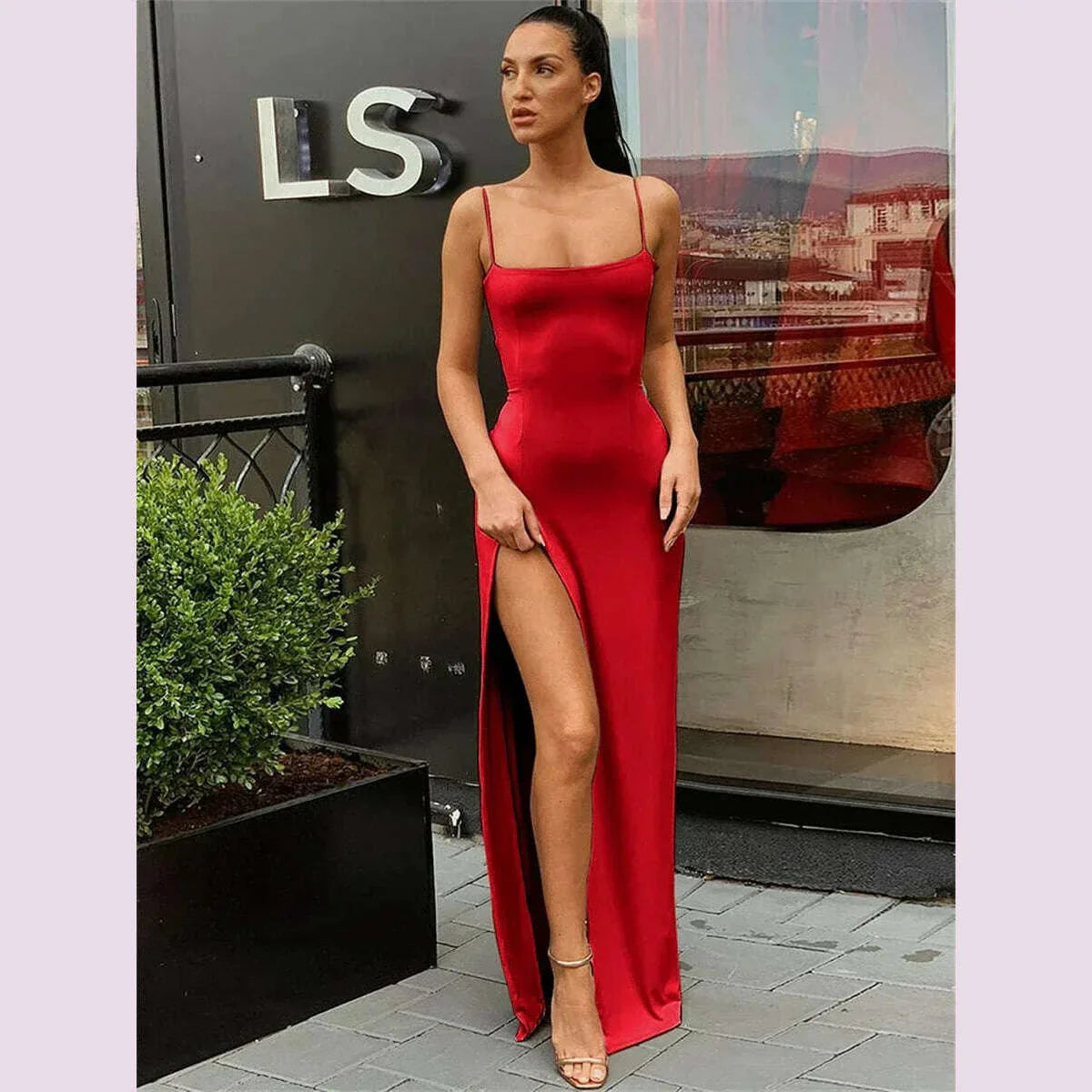 Women Summer Sexy Bodycon Dress Lady Sexy Spaghetti Strap Sleeve Split Solid Color Sheath Dress Vestidos