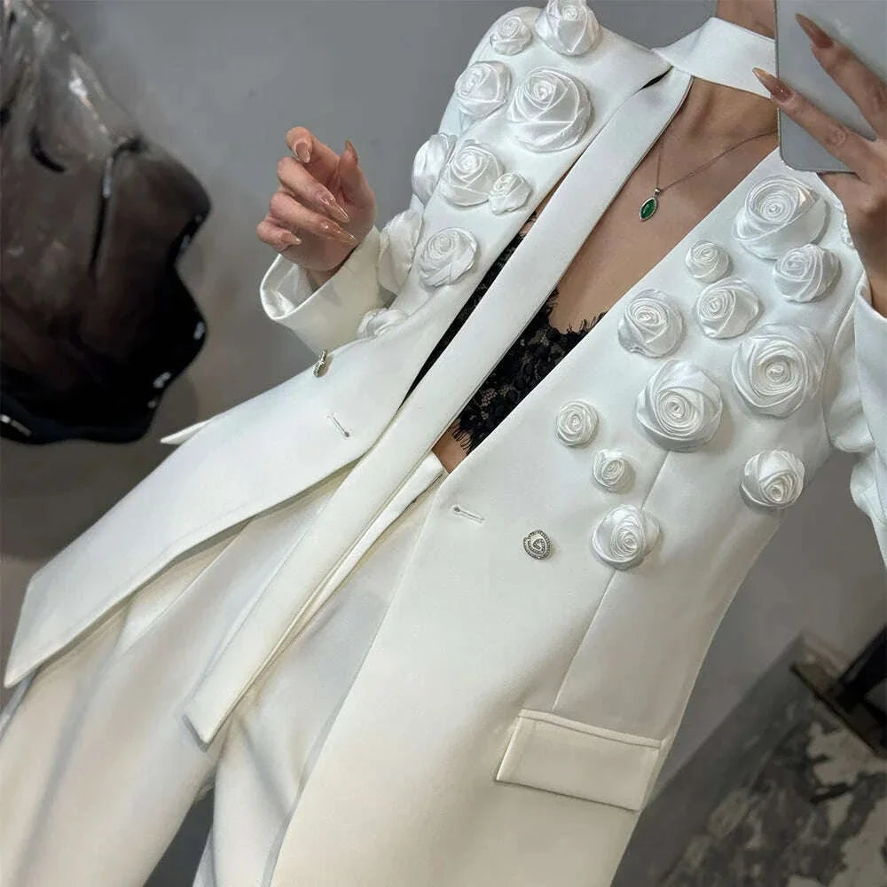 TWOTWINSTYLE Solid Two Piece Set For Women Lapel Long Sleeve Spliced Appliques Coat High Waist Wide Leg Pant Chic Sets Female