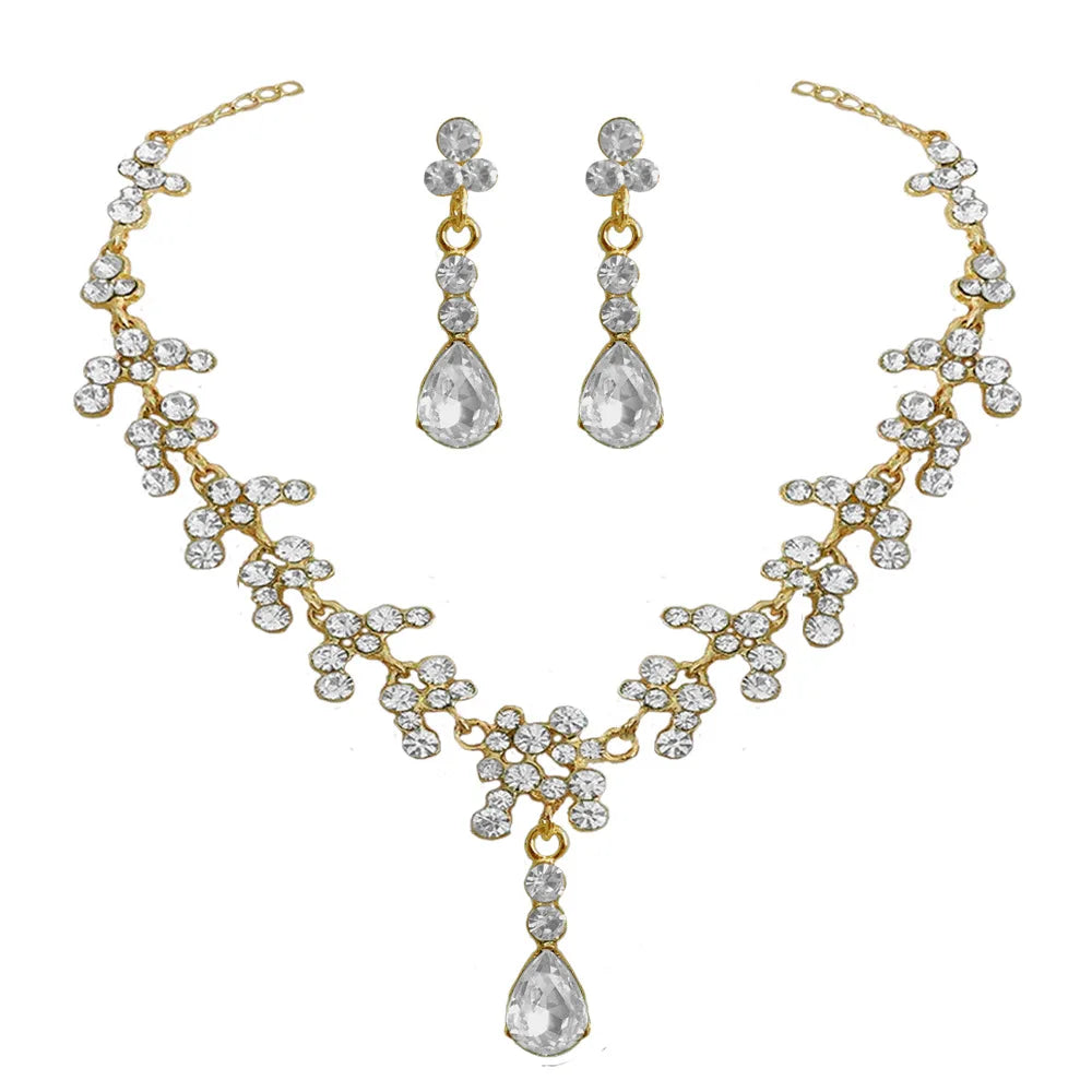 Fashion Crystal Bridal Wedding Jewelry Sets Women Gold Color Rhinestone Necklace Long Earrings Set Dress Accessories Bridesmaids