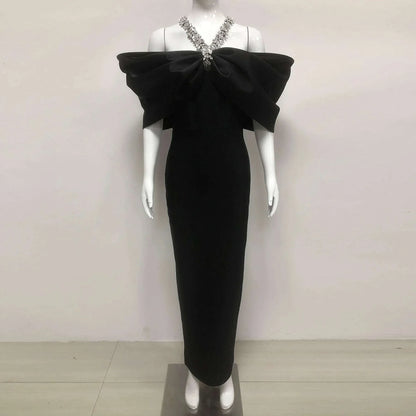 Women Sexy Off Shoulder Ruched Black Maxi Long Diamonds Celebrity Bodycon Bandage Dress 2025 Elegant Evening Club Party Dress