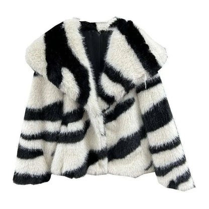 DEAT 2024 Winetr New Fashion Women's Faux Fur Coat Big Collar Contrast Color Striped Long Sleeve Wram Thick Jackets 29L8619