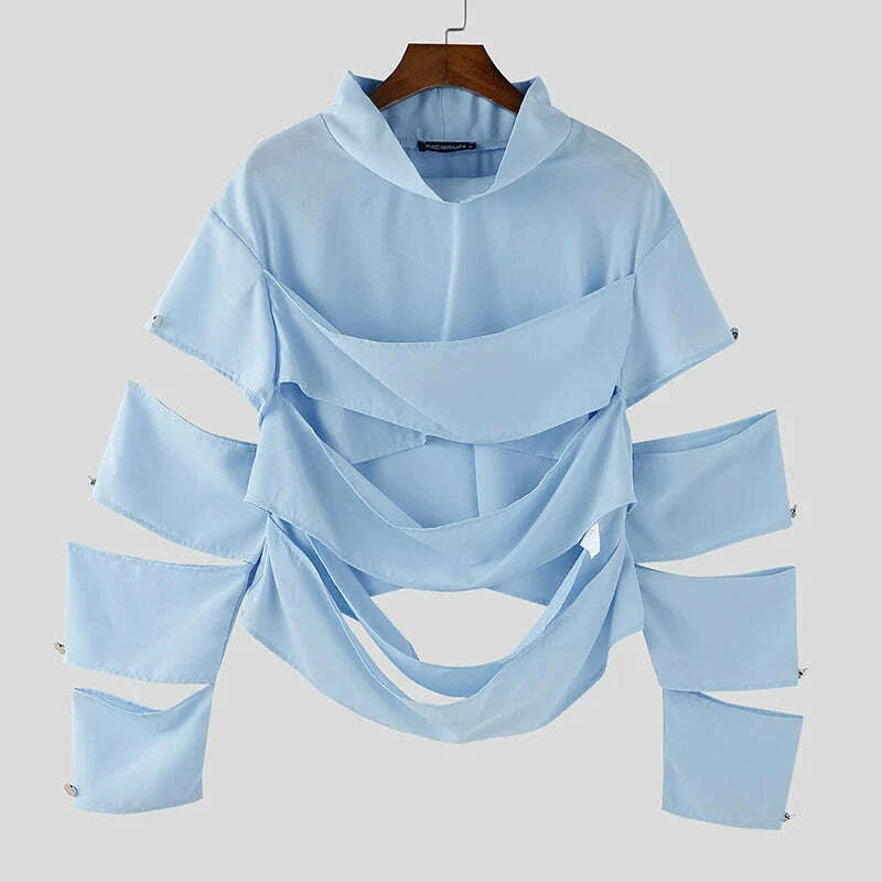 INCERUN Men Irregular T Shirts Solid Color Turtleneck Long Sleeve Hollow Out Men Clothing Streetwear 2025 Fashion Sexy Camisetas
