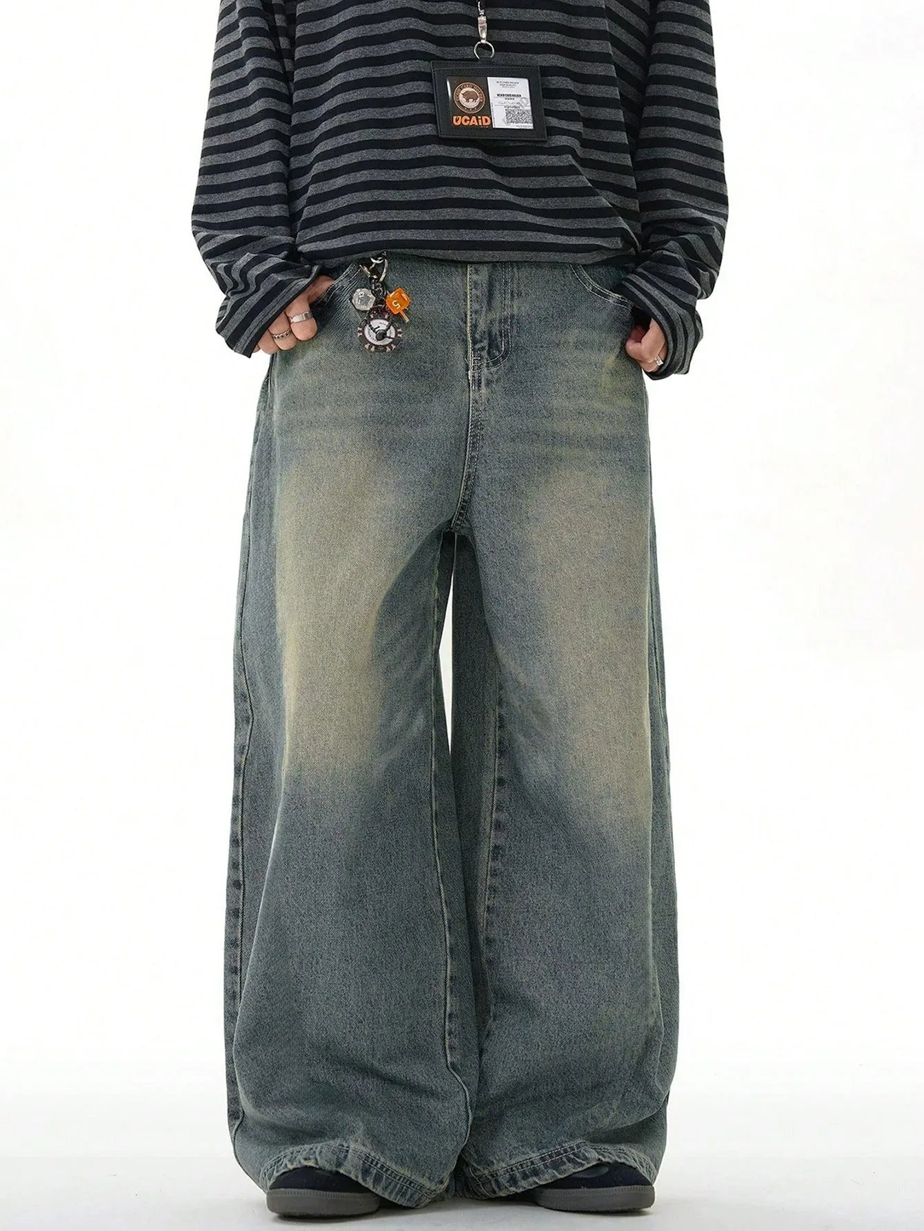 Men's loose straight-leg wide-leg jeans, sea blue casual American street style pants, comfortable cut, suitable for daily wear i