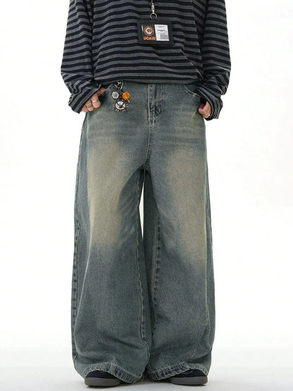 Men's loose straight-leg wide-leg jeans, sea blue casual American street style pants, comfortable cut, suitable for daily wear i