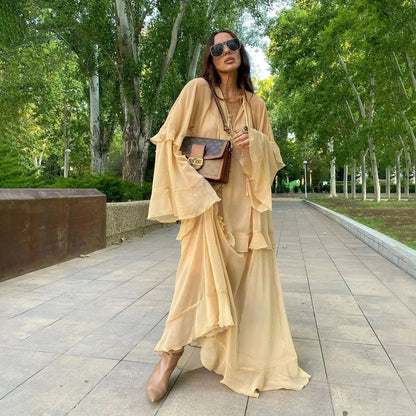 Tornova Chiffon Ruffled Long Dress For Women Flared Sleeves Long Sleeve V-Neck High Waist Dress Female Summer Casual Loose Dress