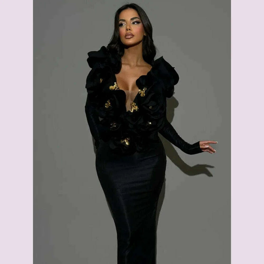 Chic Women Celebrity Sexy Deep V Neck Flower Black Maxi Long Bandage Bodycon Dress 2025 Elegant Evening Club Party Outfit