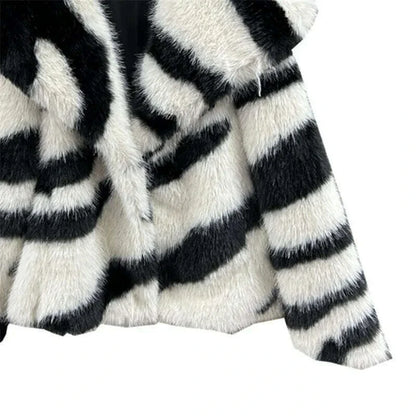 DEAT 2024 Winetr New Fashion Women's Faux Fur Coat Big Collar Contrast Color Striped Long Sleeve Wram Thick Jackets 29L8619