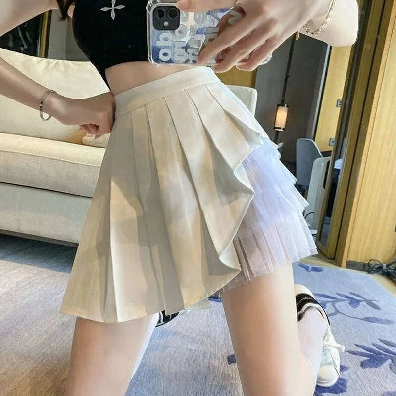 Pleated Skirts Women Chic Summer Party All-match Schoolgirls Clothing Vintage Slim Simple Pure Faldas Ulzzang Y2k Mesh Design
