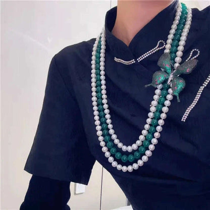 3rows  freshwater pearl white near round 7-8mm &green jade round necklace 80cm