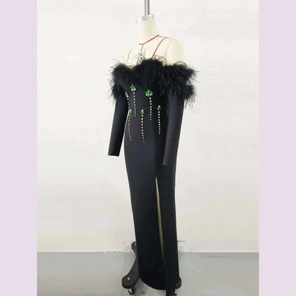 New Women Sexy Long Sleeve Feather Crystal Diamonds Black Knitted Long Bandage Dress Cut Out Elegant Evening Club Party Dress