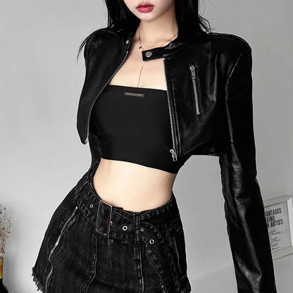 Nibber 2024 Autumn New Vintage Classic Black Hottie Mysterious All-Match Casual High Street Cool Confident Women's Matte Jacket