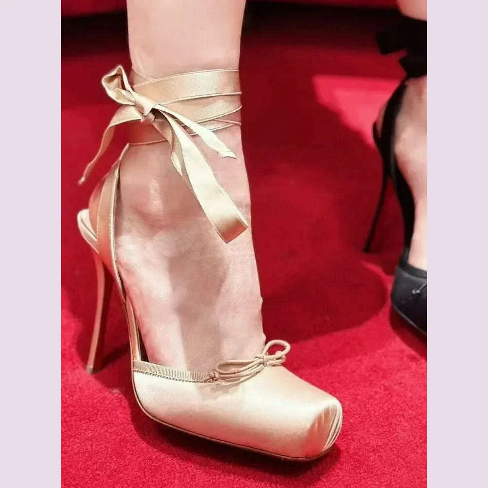 Ladies' New Summer Square Satin High-heeled Sandals with Ankle Straps, Fashionable Party and Banquet Ballet High-heeled Shoes