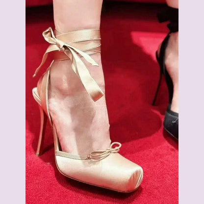 Ladies' New Summer Square Satin High-heeled Sandals with Ankle Straps, Fashionable Party and Banquet Ballet High-heeled Shoes