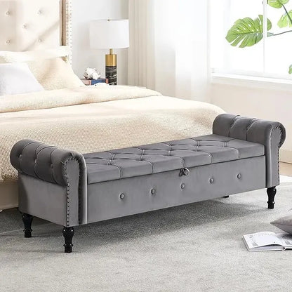 Velvet Tufted Storage Bench, 67" Bedroom End of Bed Bench, King Size with Rolled Arms, Button Ottoman Bench