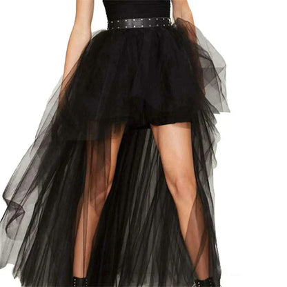 MisShow Gothic Women Hi-Lo Long Tulle Tutu Punk Skirt Elastic Waist High Low Mesh Net Halloween Cosplay Costume Maxi Skirts