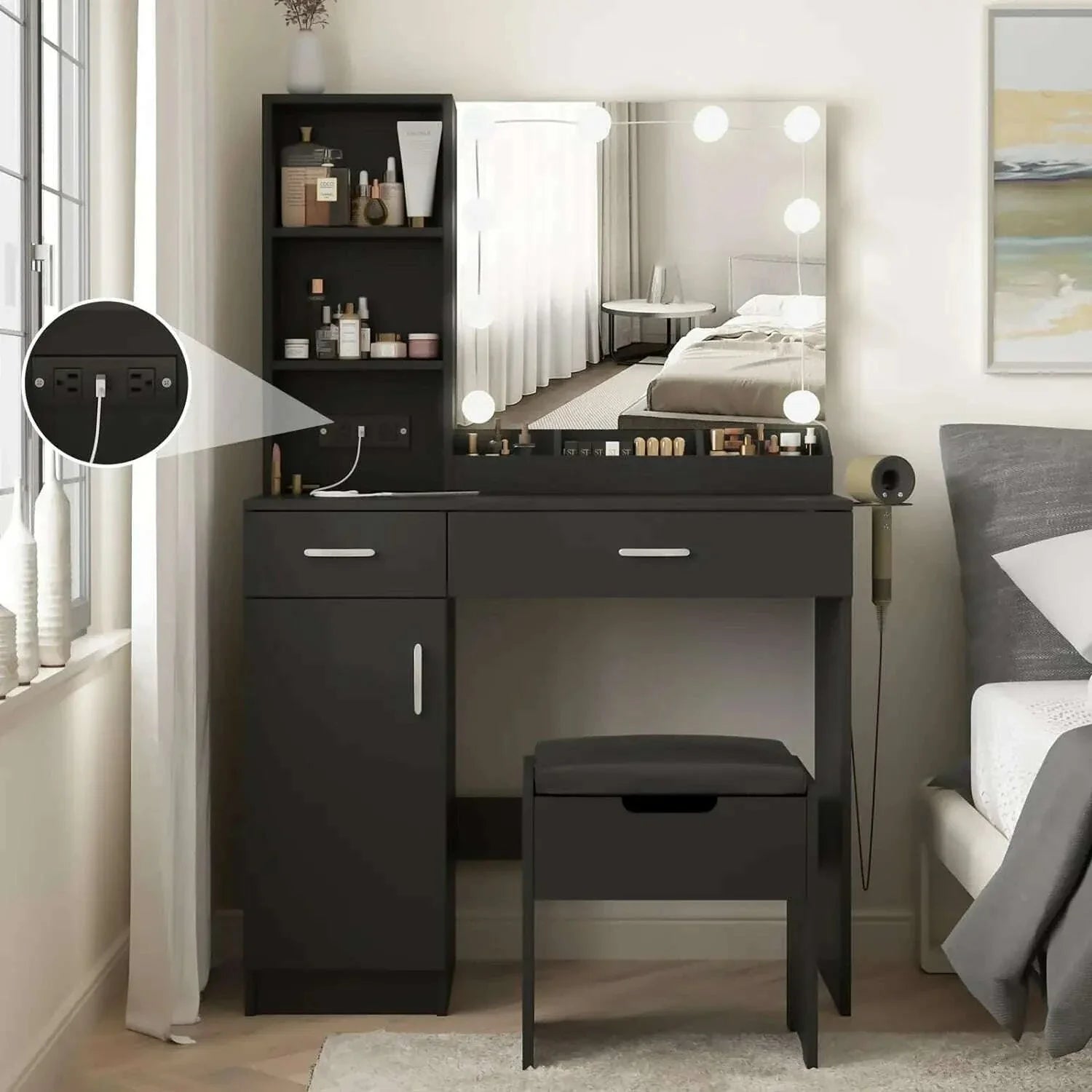 Dressing Table, Makeup Vanity Desk with Lighted Mirror & Power Strip, Black Vanity Table Set with Lights and Lots Storage