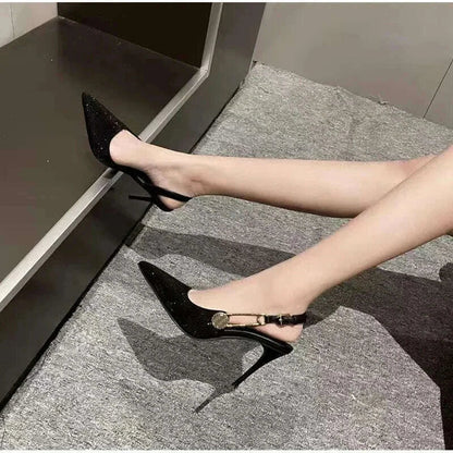 Spring Summer Fashion Shoes Luxury Rhinestones Sequined Buckle Women Pumps Elegant Pointed toe Slingbacks Stiletto High heels