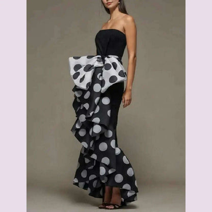 Yeezzi Women British Style Polka Dot Bow-Embellished Pleated Strapless Dress 2024 Summer Sleeveless Elegant Evening Dresses
