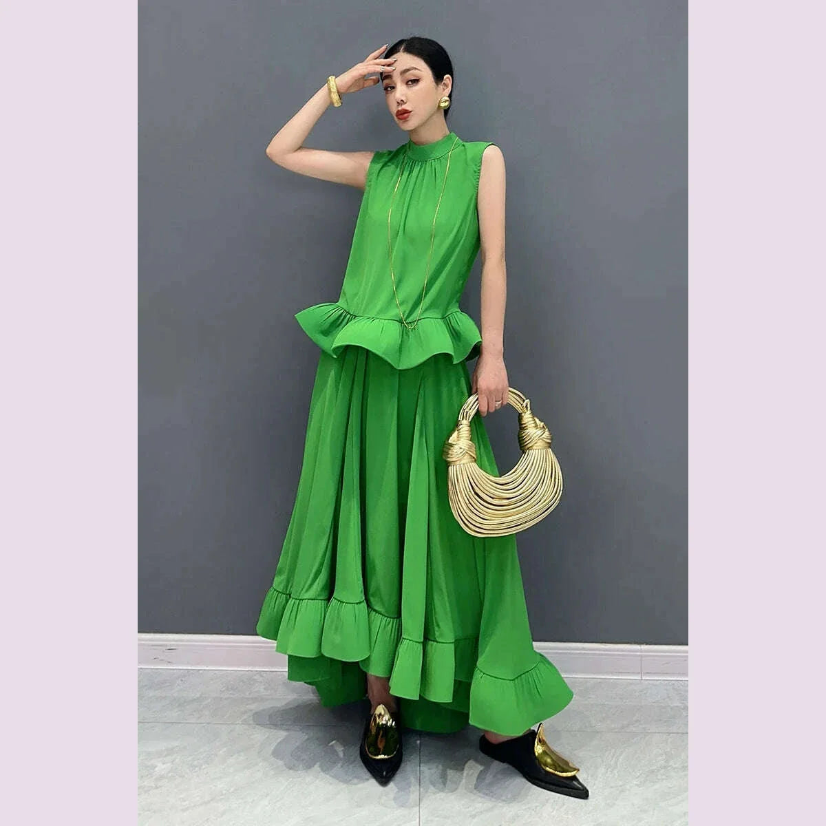 Vefadisa Newest 2025 Summer Green Women Sets Sleeveless Ruffle Edge Top Large hem Long Skirt Two pieces Dress Sets HLX064