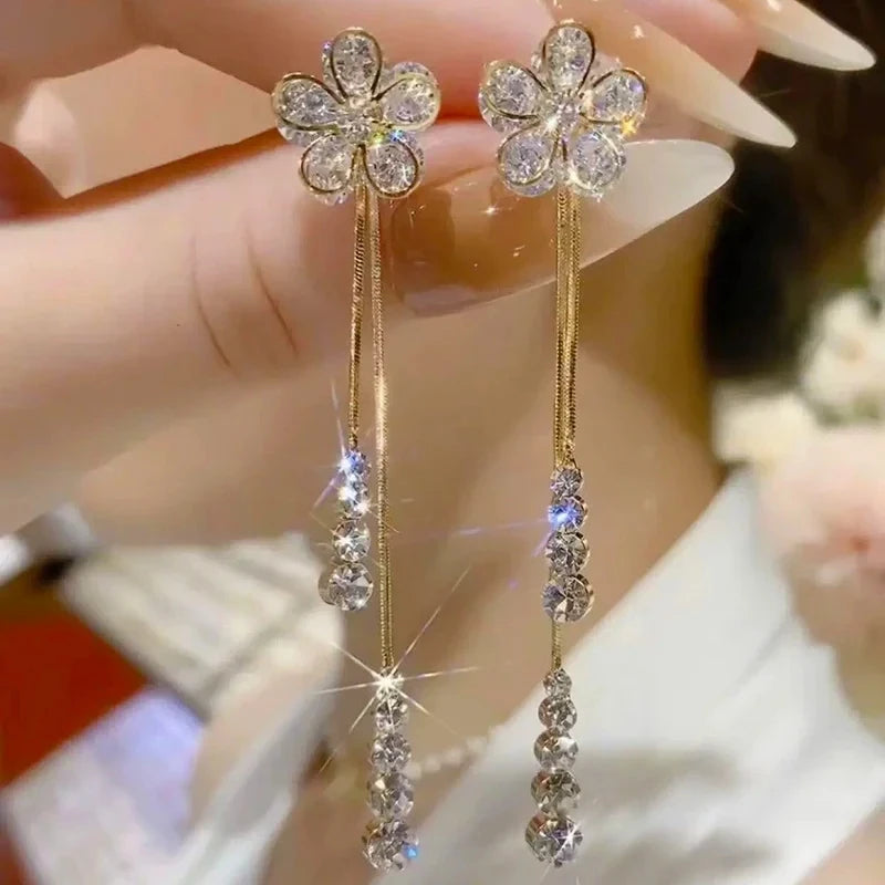 New Sweet Zircon Flower Long Tassel Pendant Stud Earrings for Women Elegant Exquisite Temperament Girls Birthday Gift Jewelry