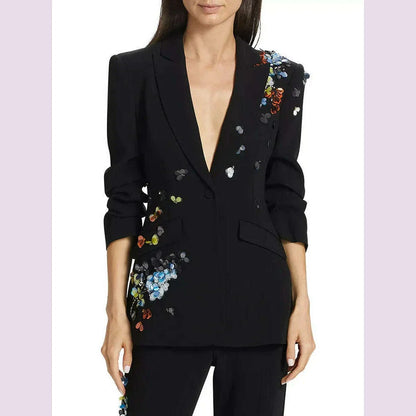VGH Solid Spliced Sequins Slimming Blazers For Women Notched Collar Long Sleeve Tunic Casual Chic Blazer Female New Autumn 2024