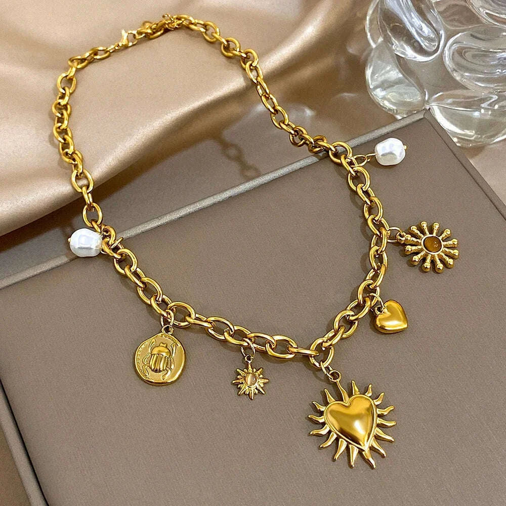 Vintage Chunky Golden Thick Chain Stainless Steel Charm Necklace Statement Chic Sun Heart Shaped Pendant Fashion Jewlery Gift