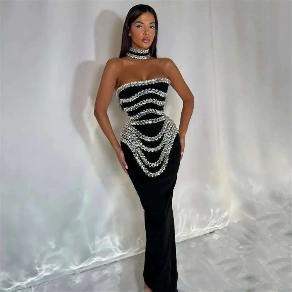 Brand New Ins 2025 Women Black Strapless Crystal Bandage Bodycon Dress Designer Collar Elegant Evening Party Dress Vestido