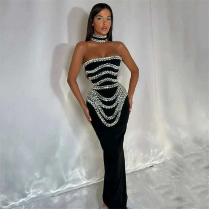 Brand New Ins 2025 Women Black Strapless Crystal Bandage Bodycon Dress Designer Collar Elegant Evening Party Dress Vestido