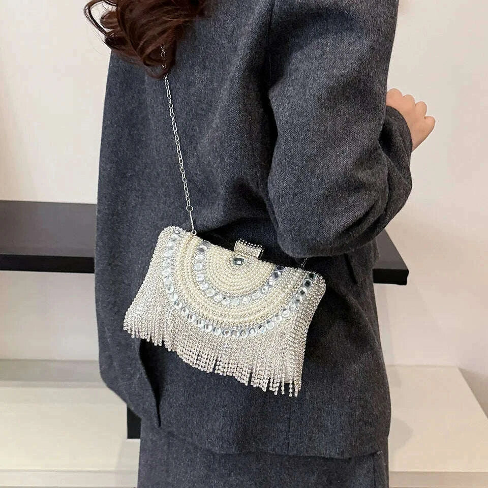 Rhinestones Tassel Clutch Diamonds Beaded Metal Evening Bags Chain Shoulder Messenger Purse Evening Bags For Wedding Bag