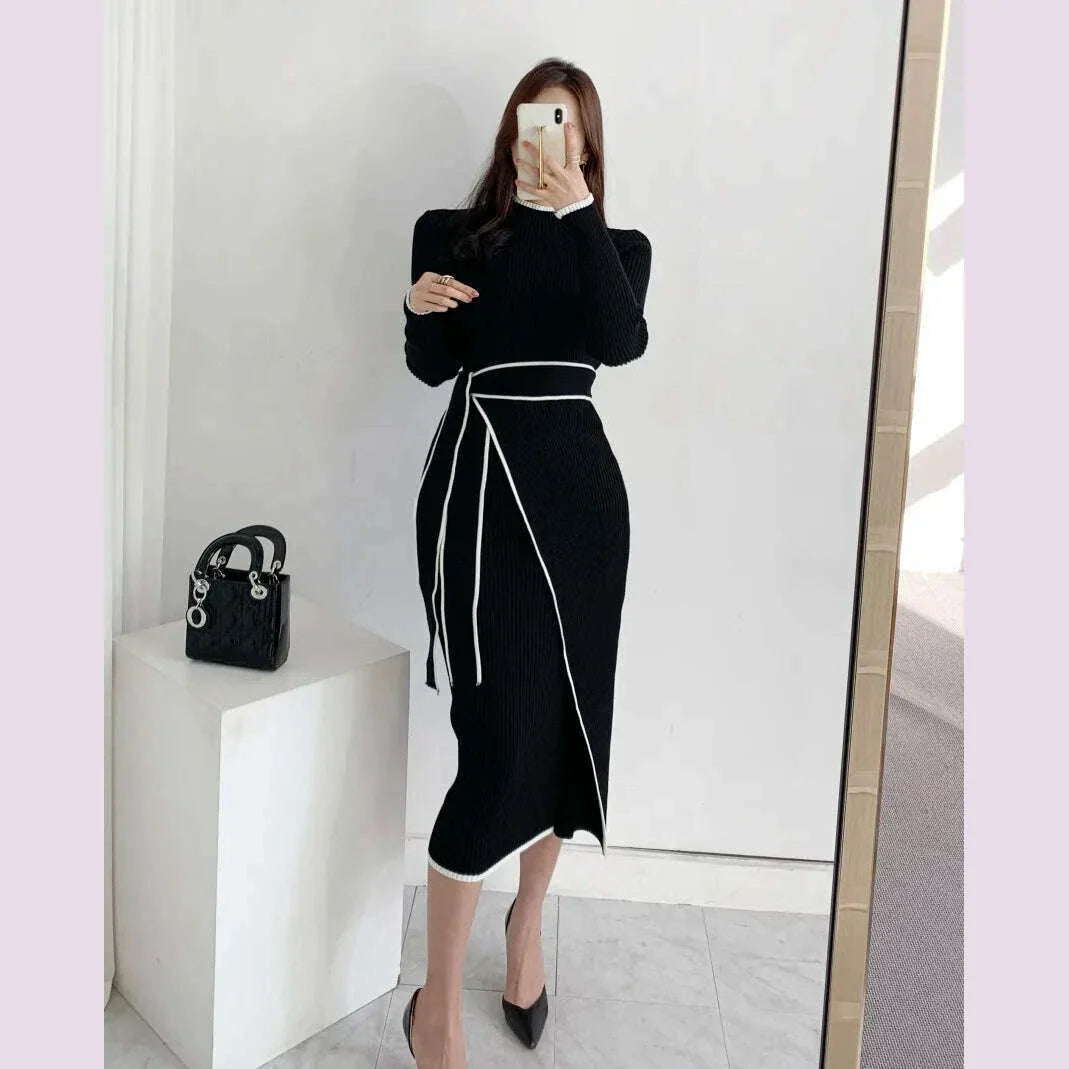 Elegant Stand Collar Contrast Bandage Long Sleeve Women Knitted Dress Autumn Korean Fashion Casual Knit Bodycondresses Vestidos