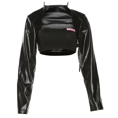 BOOFEENAA Crop PU Leather Jacket Women with Tube Top Two Piece Set Streetwear Fashion Black Coats Winter Clothes C71-CH22