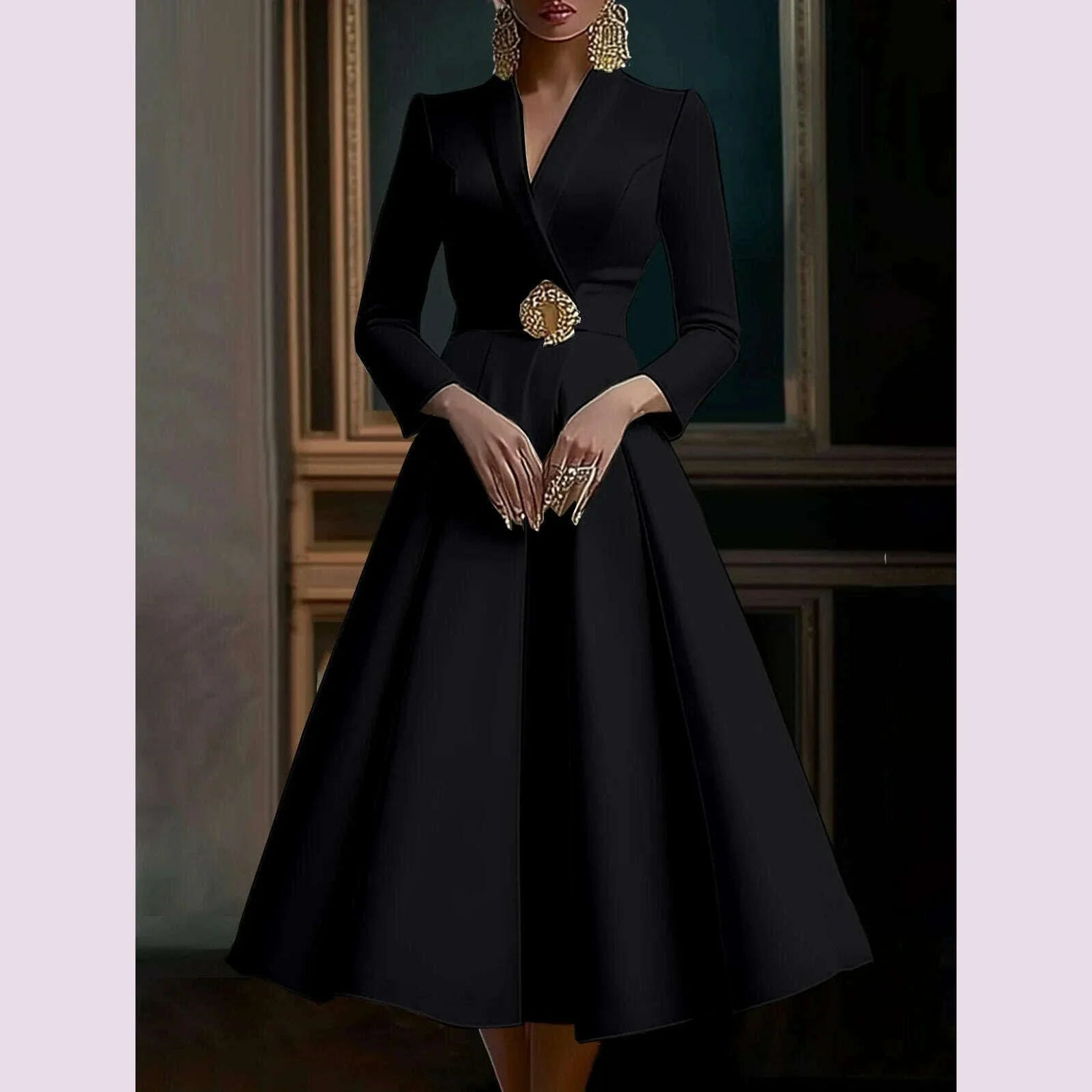 Elegant Women's Dress Wrap V Neck Long Sleeve Pleated Midi Dress Waisted Evening Party Dress Women's Long Dress Vestidos