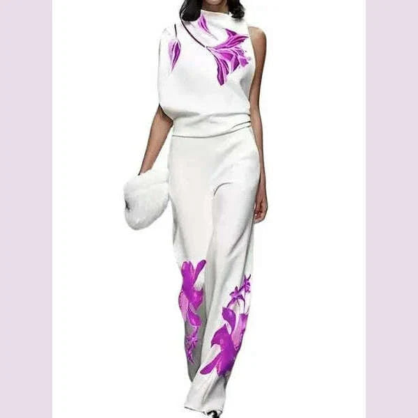 Two Piece Sets High Waist Wide Leg Trousers Outfits Matching Sets Suit Women Solid Turtleneck Sleeveless Tops Print Loose Pant