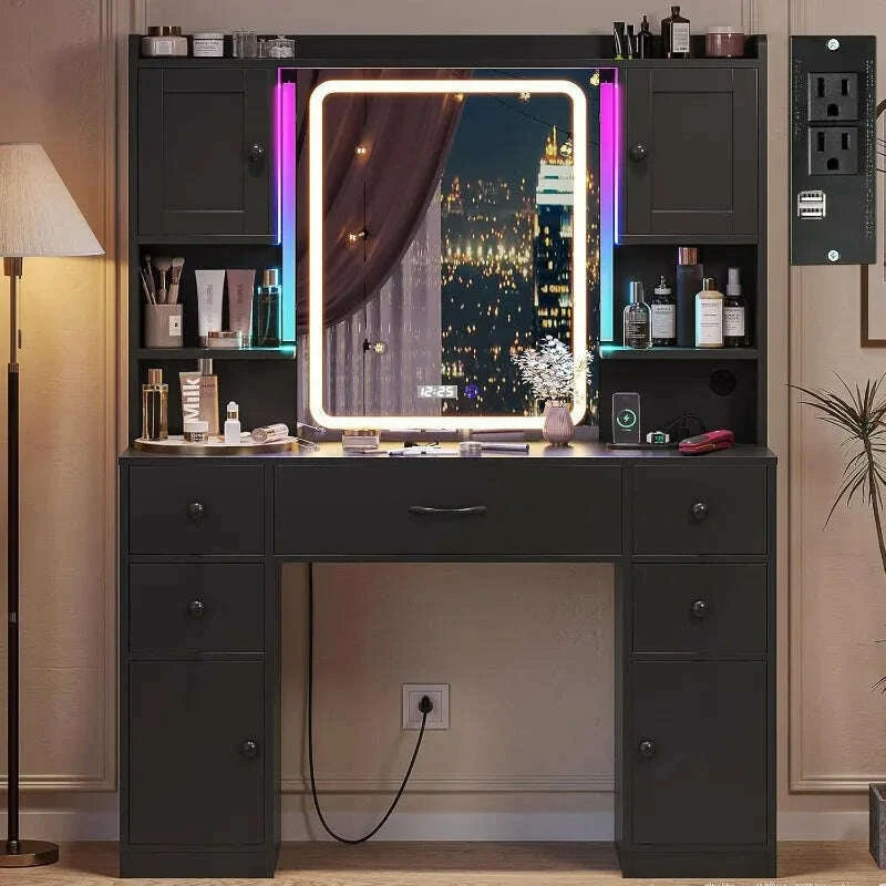 Large Makeup Vanity With Lights, LED Mirror With Digital Time Display & Power Outlet, RGB Ambient Light Vanity Desk Wit