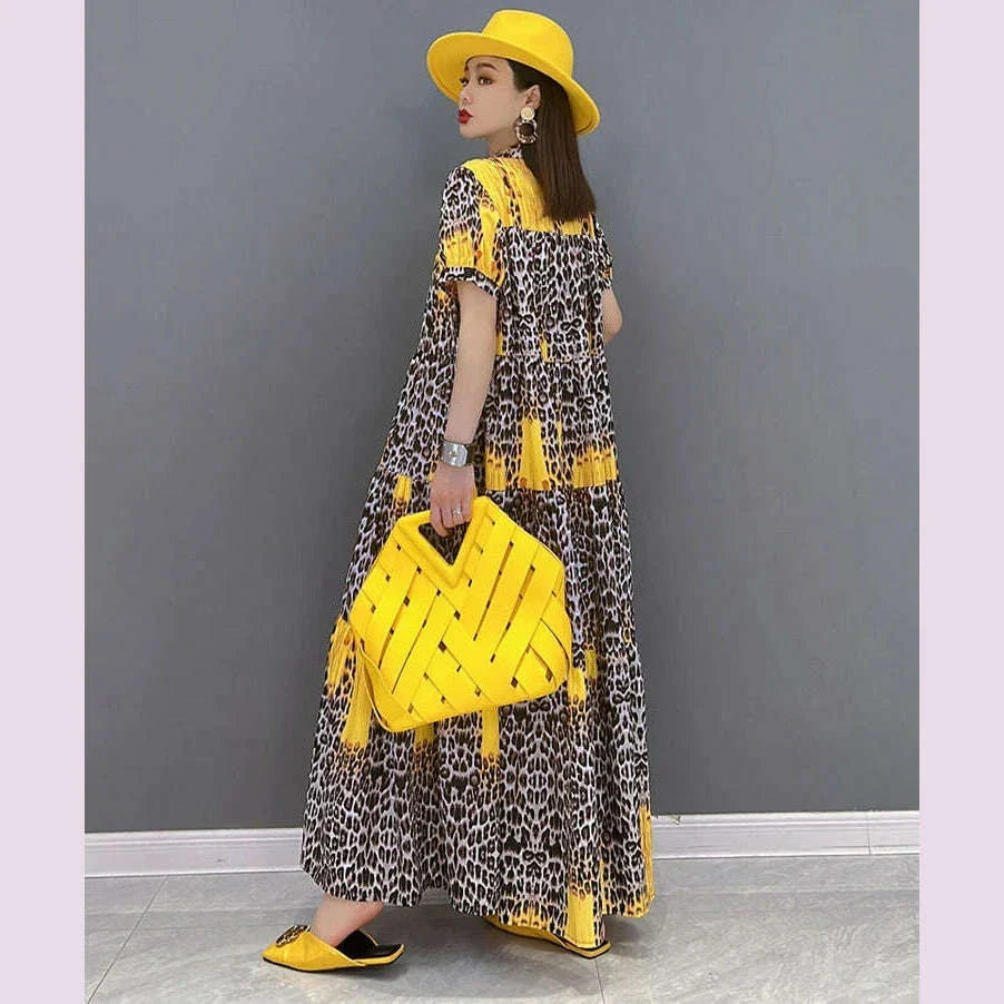 Korean Style Painted Short-Sleeve Casual Loose Big Size Yellow Red Blue Leopard Long Dress Summer Boho Print Dress Robe JJXD071