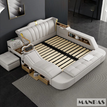 Modern Tech Smart Genuine Leather Bed with Massage, Bluetooth Speakers & USB – Luxury Multifunctional King Size Bed with Ottoman