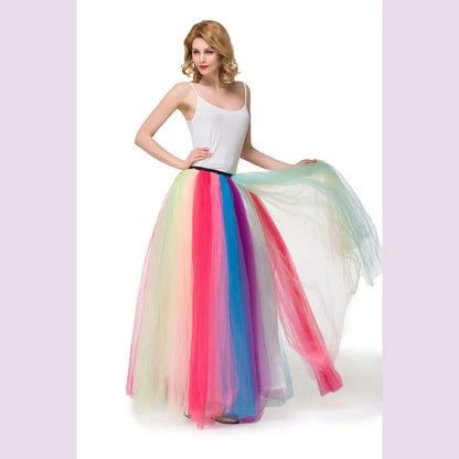 MisShow 2022 Autumn Winter Rainbow Pleated Maxi Tutu Skirt Vintage 6 Layers Elastic High Waist Skirts Long Party Beach Dresses