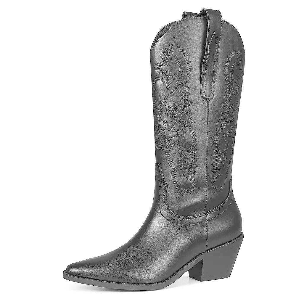 GIGIFOX Embroidered Women Mid-Calf Western Boots Block High Heel Pointed Toe Pull-On Shoes All-Match StreetSnap Cowgirl  Boots
