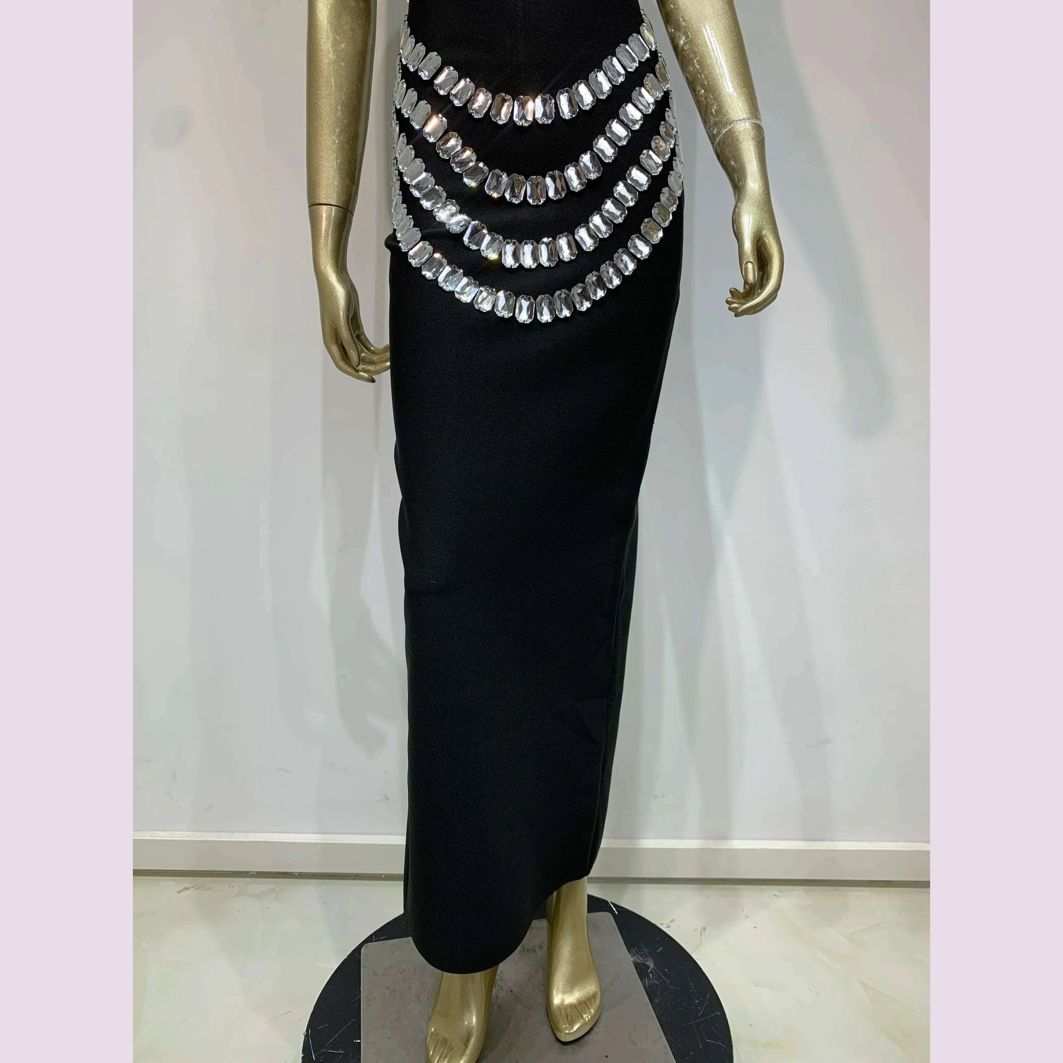 Brand New Ins 2025 Women Black Strapless Crystal Bandage Bodycon Dress Designer Collar Elegant Evening Party Dress Vestido