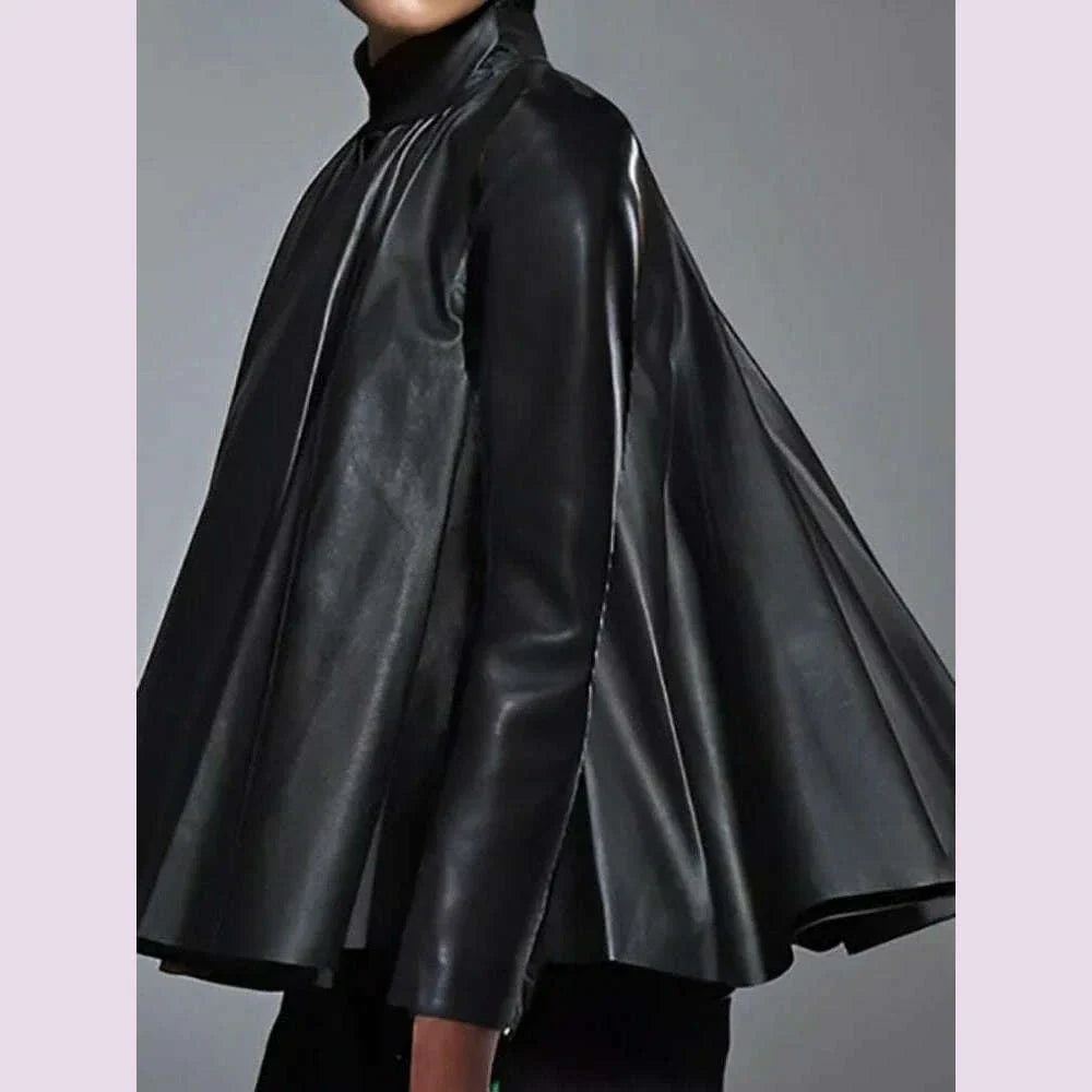 Yeezzi Women's Black Faux Leather Stand Collar Tops 2025 New Long Sleeve Fashion Big Hemline Solid Color Pleated A-line Blouse