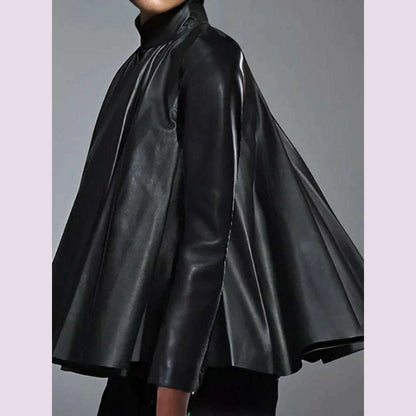 Yeezzi Women's Black Faux Leather Stand Collar Tops 2025 New Long Sleeve Fashion Big Hemline Solid Color Pleated A-line Blouse