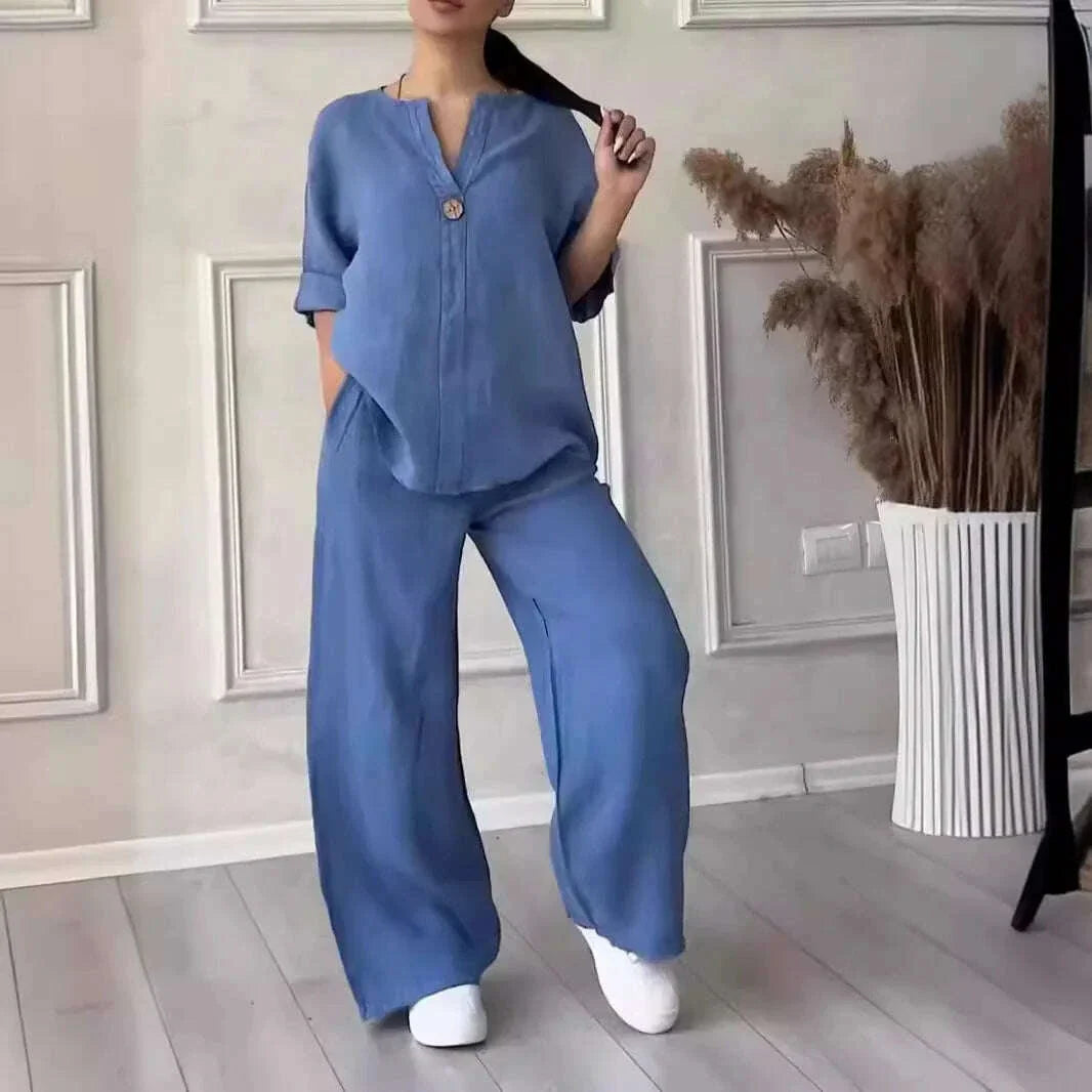 Casual Solid Color Pullover Long Pants 2-piece Set Women's Cotton and Linen Pants Suit White Pink