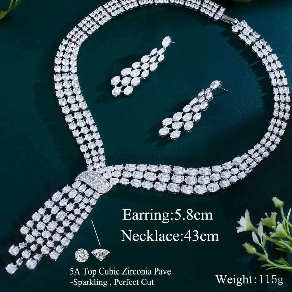 CWWZircons Luxury Dangle Tassel Drop Cubic Zirconia Big Wedding Bridal Party Necklace and Earrings Jewelry Sets for Women T750